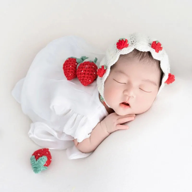 ❤️Baby Girl Photography Clothing Knit Hat+Dress+Strawberry Infant Photo Props Accessories Studio Shoot Clothes Outfits