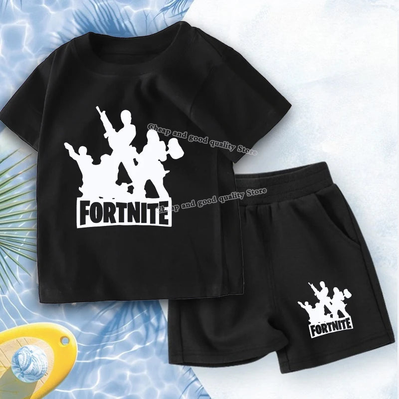 FORTNITED Anime Boy Summer T-shirt Set Kid Cotton Clothes 2pcs Short Baby Tops +Shorts Set Tee Sport Tracksuit Summer Outfits