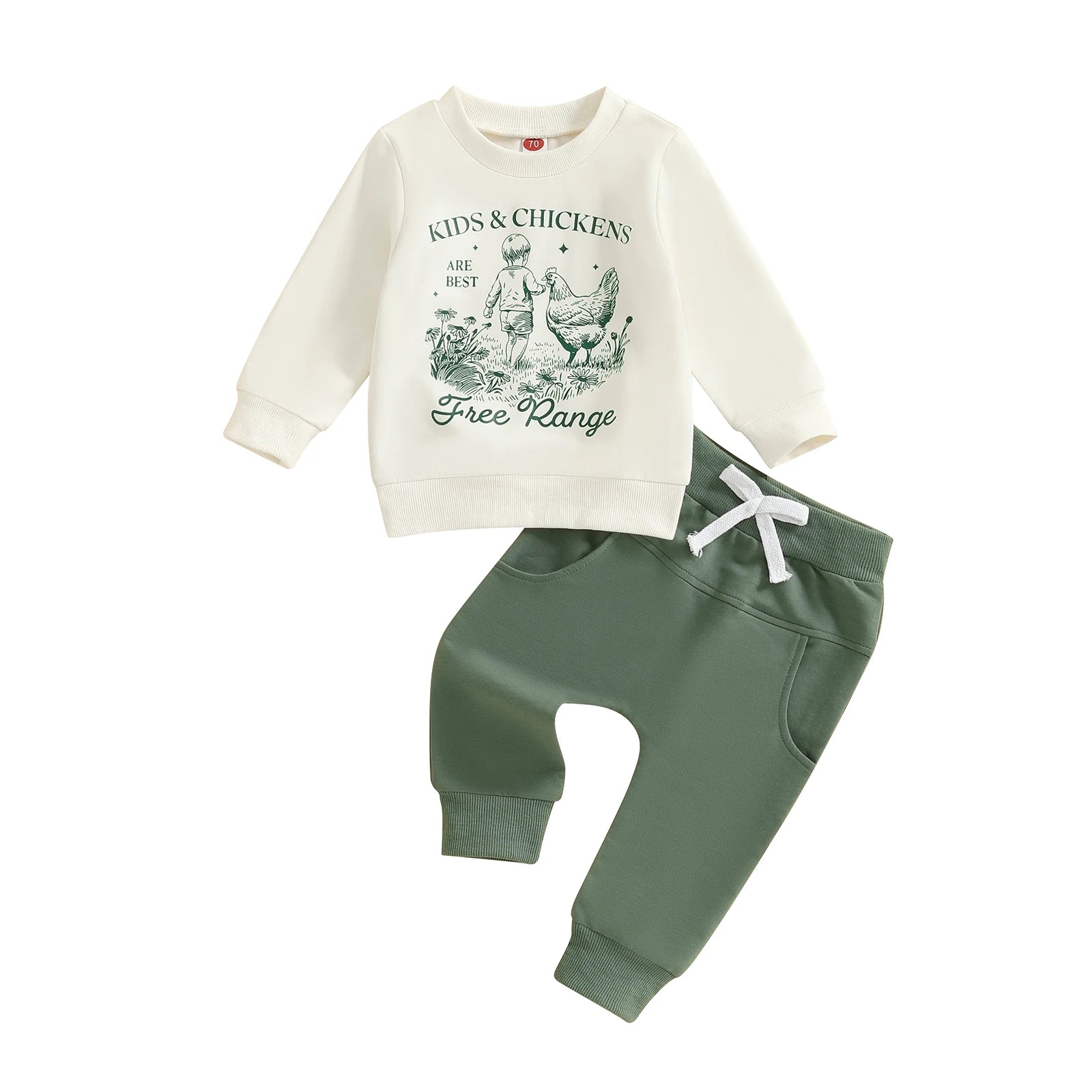 Toddler Baby Boys Fall Clothes Set Kid and Chicken Print Long Sleeve Pullover Sweatshirt Bow Pants 2 Pcs Outfits