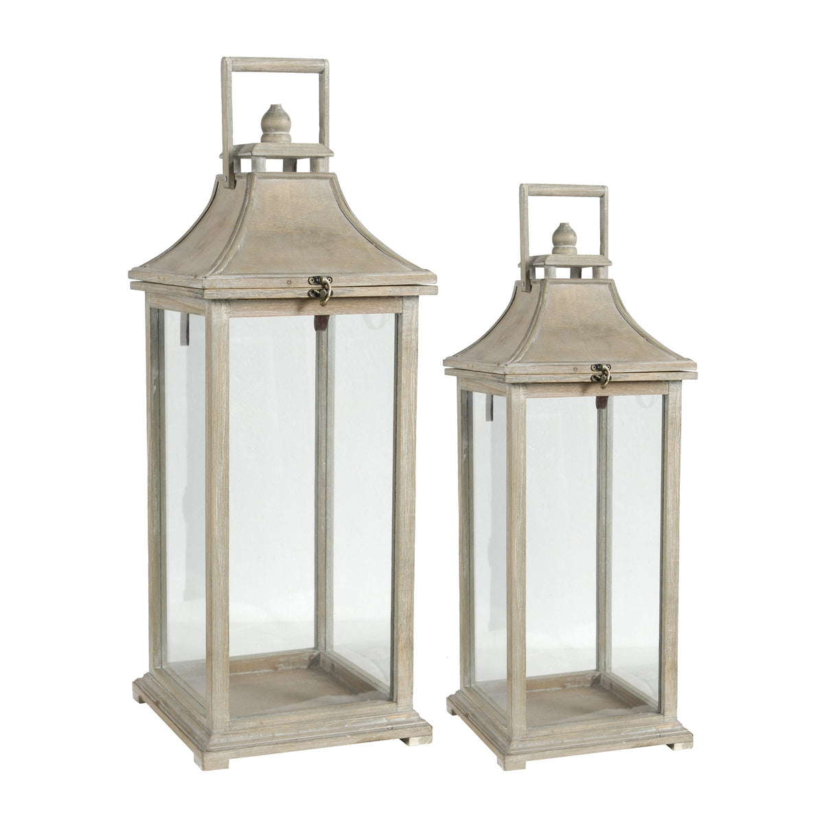 Set of 2 Ivory Wood & Glass Candle Lanterns