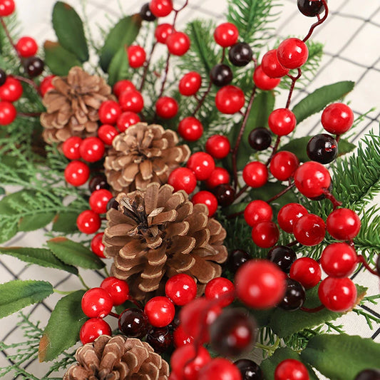 Christmas Rattan Wreath Pine Natural Branches Berries Pine Cones  Christmas Wreath Supplies Home Door Decoration For New Year's