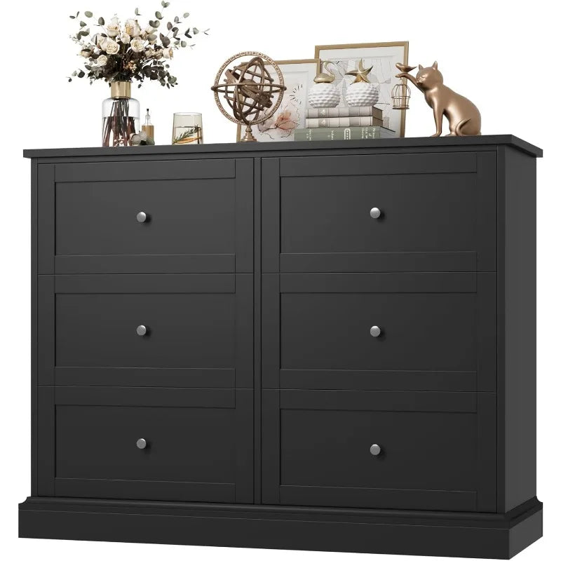 FOTOSOK Black Dresser,6Drawer Dresser Black,Modern Double Chest with Deep Drawers,Wide Storage Organizer Cabinet for Living Room