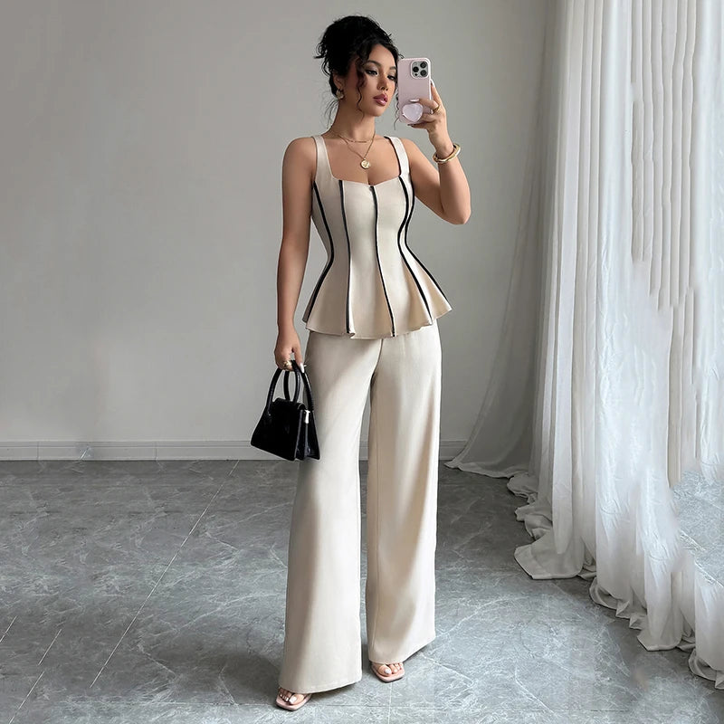 Summer Female Vest Pants Set Solid Sleeveless U Neck Top High Waist Casual Loose Pant Two-piece Set Office Lady  Fashion Street