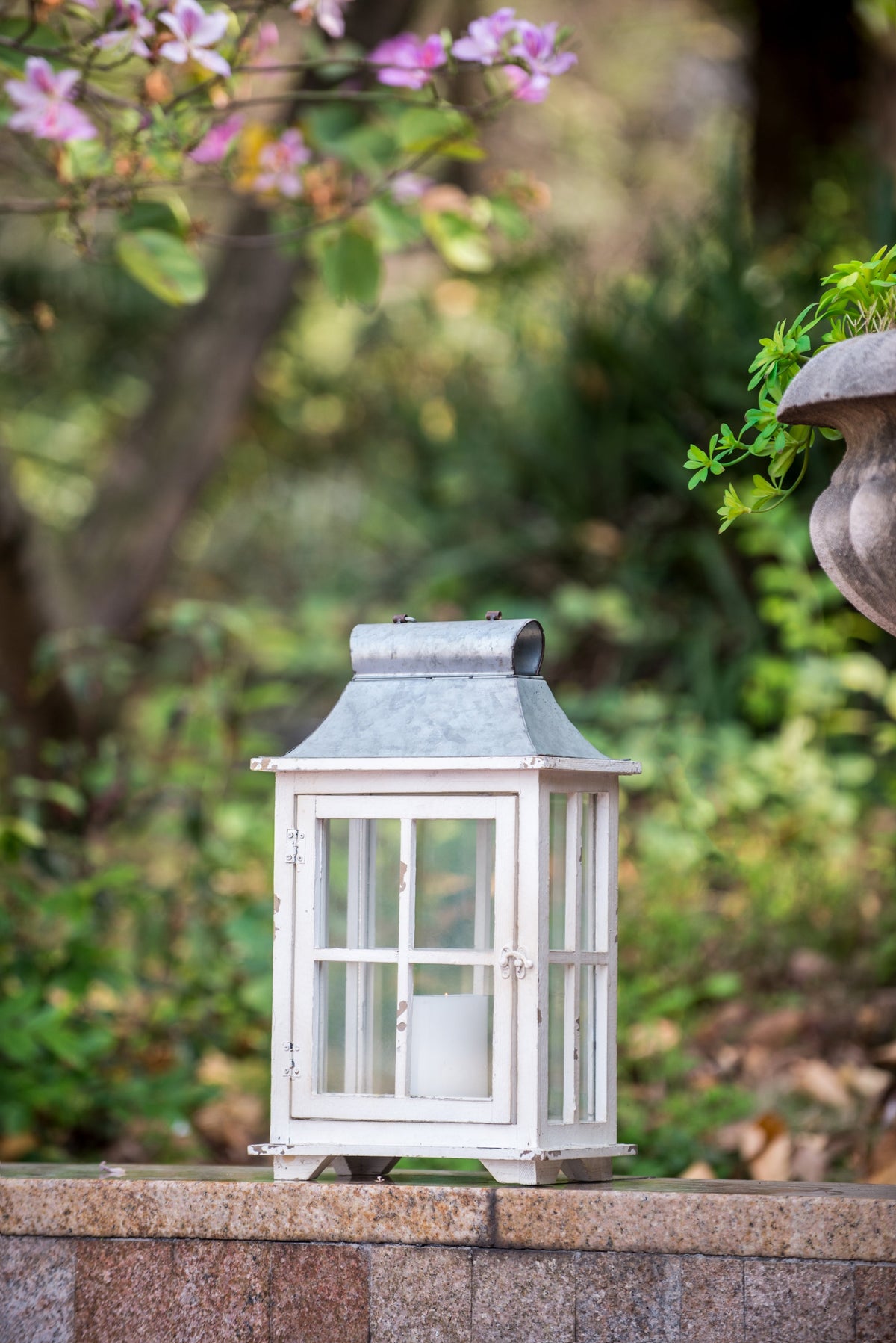 Set of 2 Ivory Wood & Metal Hurricane Candle Lanterns