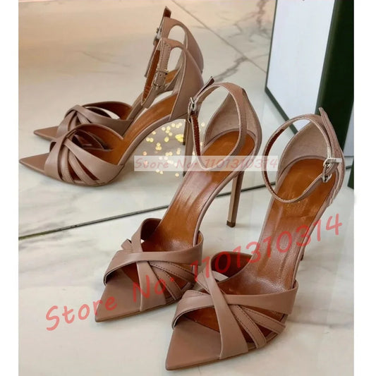 Nude Cross Strap High Heels Sandals Ladies Trendy Open Pointy Toe Classy White Satin Sandal Women Dress Ankle Strap Casual Shoes