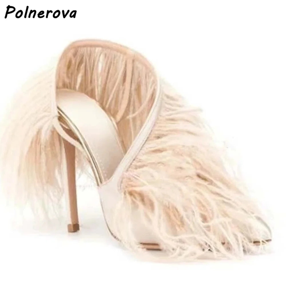 Satin Surround Feather Fringe Sandals Pointy Toe Solid Pointy Toe Stiletto Shoes Red Orange Black Summer Shallow Runway Shoes