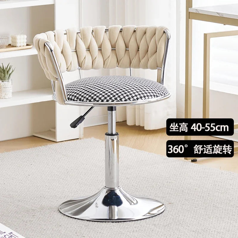 Nordic Makeup Chair With Woven Backrest, Houndstooth Pattern Seat For Bedroom,