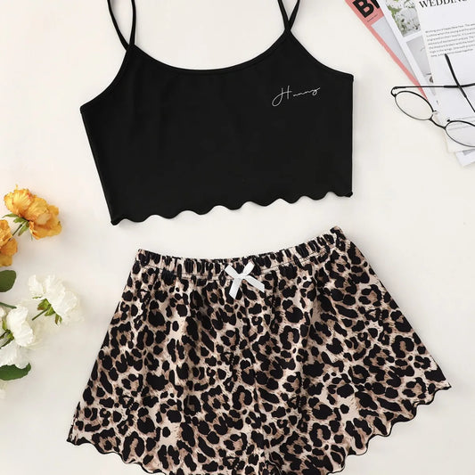 New Women's Pajamas Set Sexy Lingerie Leopard Print Sling Sleepwear V-Neck Sleeveless Top and Shorts Sets Pyjamas Homewear Hot
