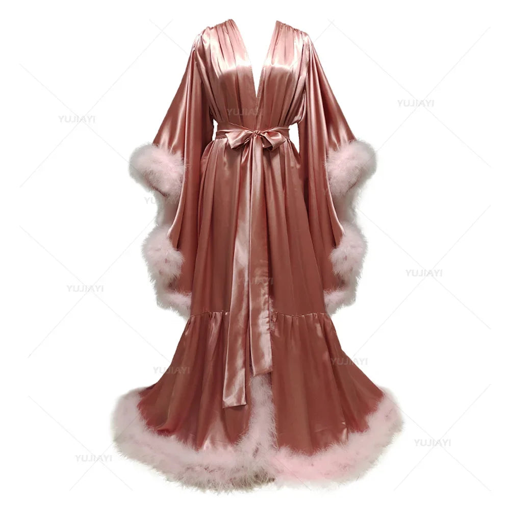 Customized Bathrobe for Women Flare Sleeves Feather Bridal Robe Nightgown Silk Long Wedding Scarf Dress Gown Photography Dress