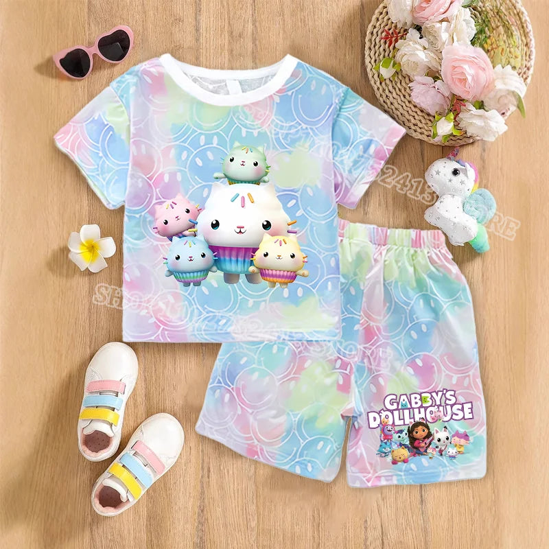 2pcs Gabby Dollhouse Sets Summer Breathable Sweat Absorbent Kids Clothes Baby Girls Kawaii anime Smile Short Sleeve Thin Suit