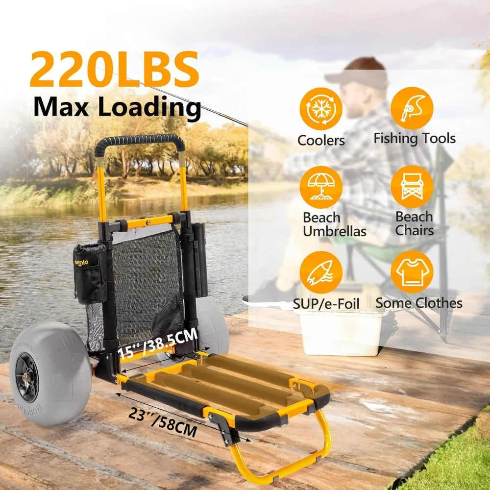 Beach Fishing Cart, Beach Wagon Trolley With 12" Big Balloon Wheels For Sand Foldable Beach Trailer With 23" X 15" Cargo