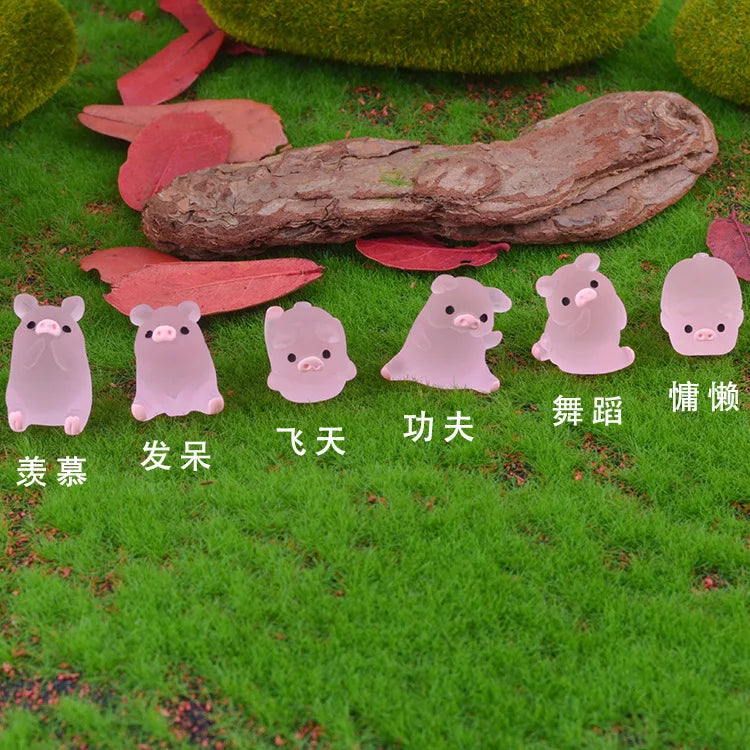 6Pc/set Mini Resin Glow Pig Mini Portrait Mini Fairy Garden Landscape Aquarium Decorative Pot DIY Christma Birthday Party Decor