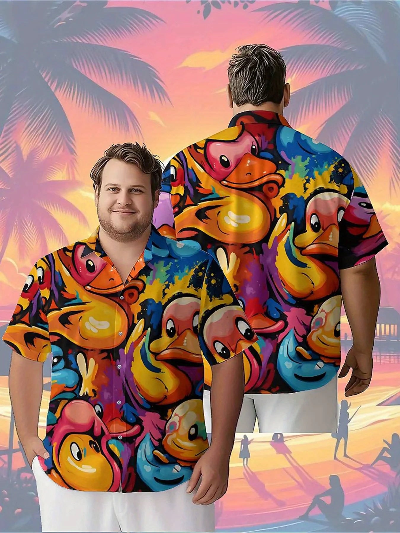 Men's Plus Size Hawaiian Shirts Colorful Cartoon Ducks pattern,New in Summer Fashion Tops,Hip Hop Rock Streetwear