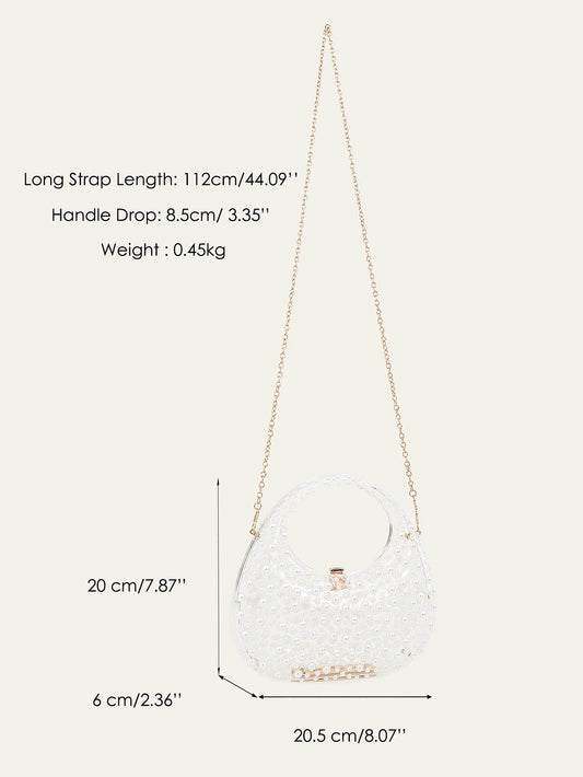 CR Women's Romantic Elegant Clear Acrylic Top-handle Bag Luxury All Over Pearls Long Chain Evening Purse Bride Handbag Wedding