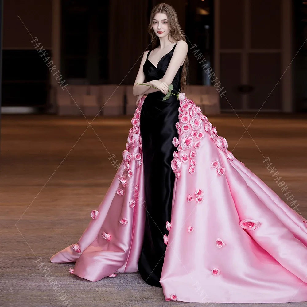 Spaghetti Straps Satin Mermaid Wedding Dress With Detachable 3D Flowers Long Train Elegant Backless Bridal Party Dress TSWD453