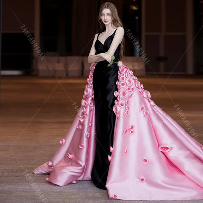 Spaghetti Straps Satin Mermaid Wedding Dress With Detachable 3D Flowers Long Train Elegant Backless Bridal Party Dress TSWD453