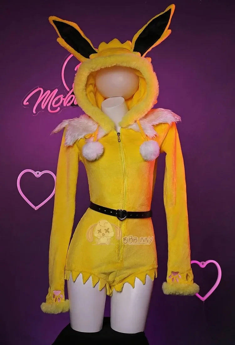 Anime Jolteon Cosplay Costume For Women Sexy Deep V Hooded Bodysuit Socks Suit Bunny Girl Lolita Cartoon Plush Pajamas Christmas