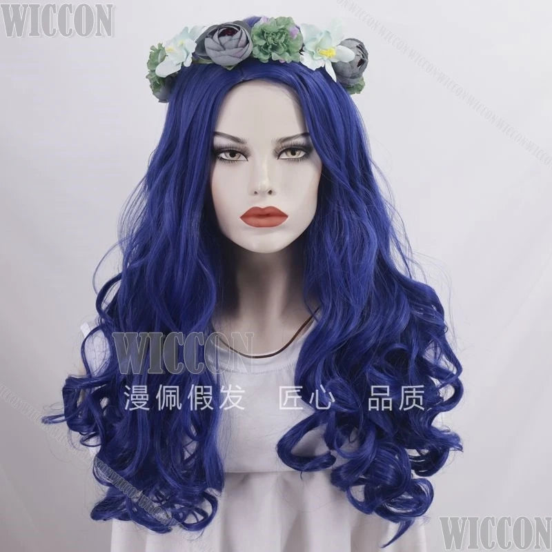 Corpse Bride Anime Emily Cosplay Fancy Outfit Gothic Clothes White Wedding Dress Veil Blue Wig Withered Garlands Prop Halloween