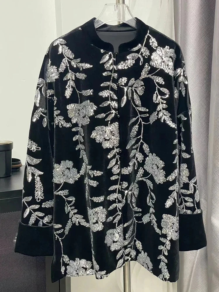 Heavy Industry Flower Embroidery Sequins Velvet Stand Collar Jacket New Chinese Style Retro Trendy Jacket Women's Spring Autumn