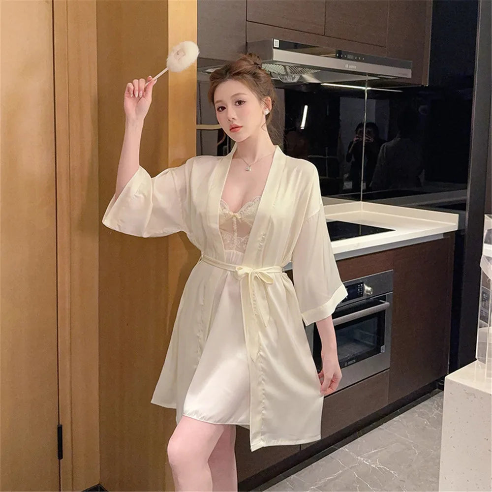Women's Satin Silk Robe Sets Nightgown Robes Kimono Sexy Lingerie V Neck Night Dress Sleepwear Woman