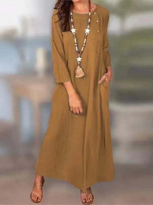 Autumn Fashion Dress Elegant Cotton Linen Women's Solid Color Long Dress Temperament Comfortable Round Neck Long Sleeve Dress