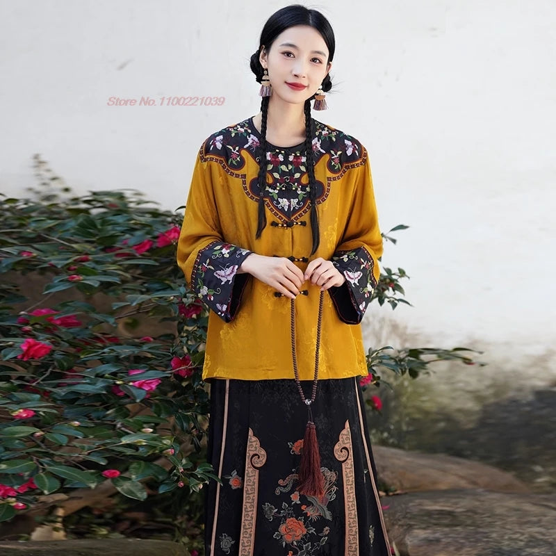 2025 traditional chinese vintage coat national flower embroidery hanfu tops retro o-neck ethnic jacket satin jacquard folk coat
