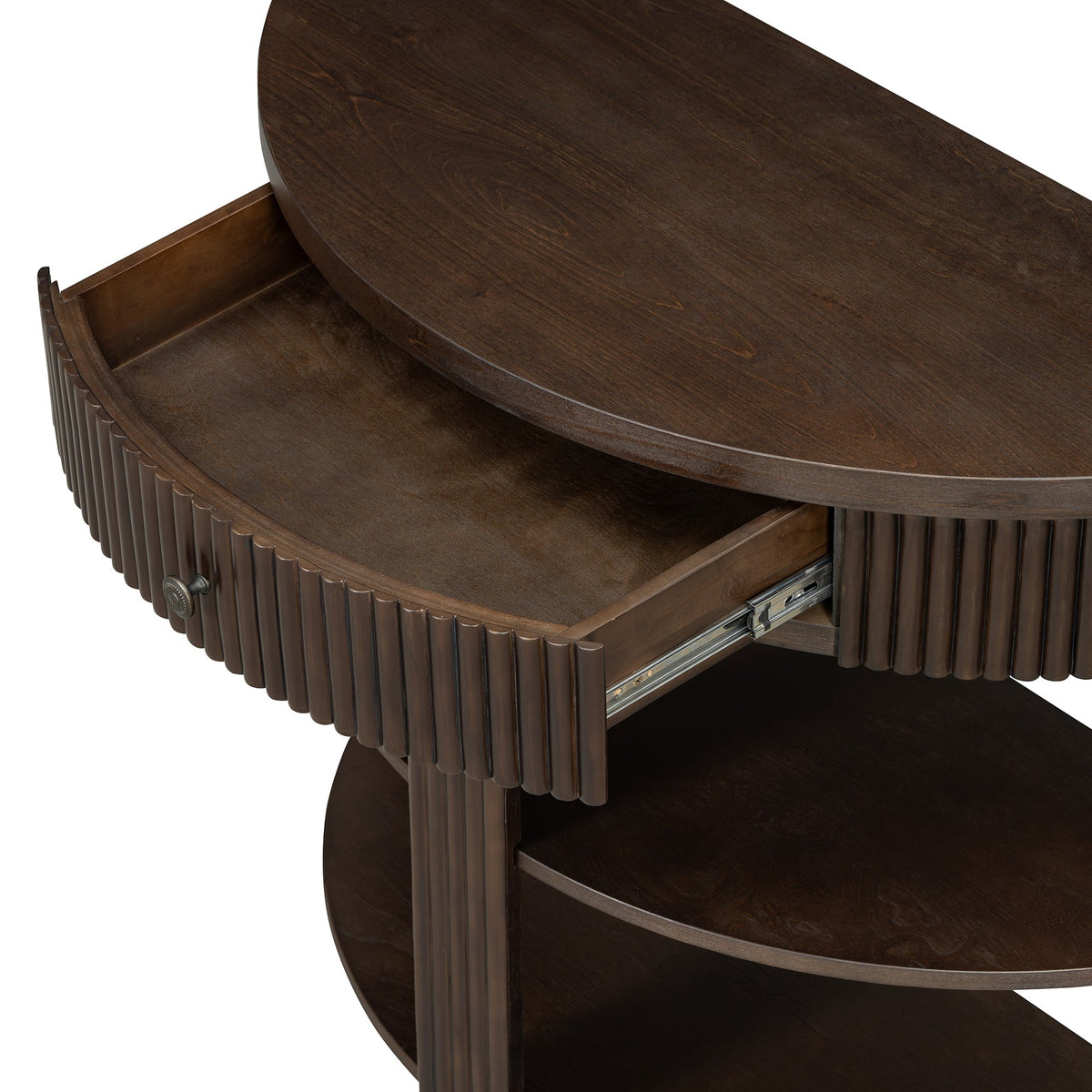 Fluted Half Moon Console Table with Drawer and 2 Shelves for Entryway,