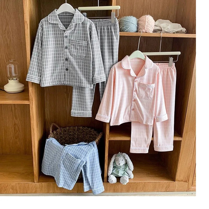 Baby Girl Boy Plaid Pajamas Set Toddler Teens Child Sleepwear Solid Kids Home Suit Spring Autumn Winter Baby Clothes 3-14Y