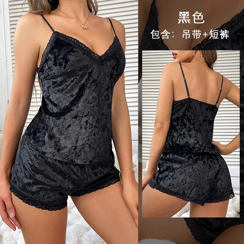 Women Gold Velvet Pajama Suit Fashion V-Neck Lace Velour Sexy Lingerie Pyjamas Sleep Sling Shorts Set Sleepwear