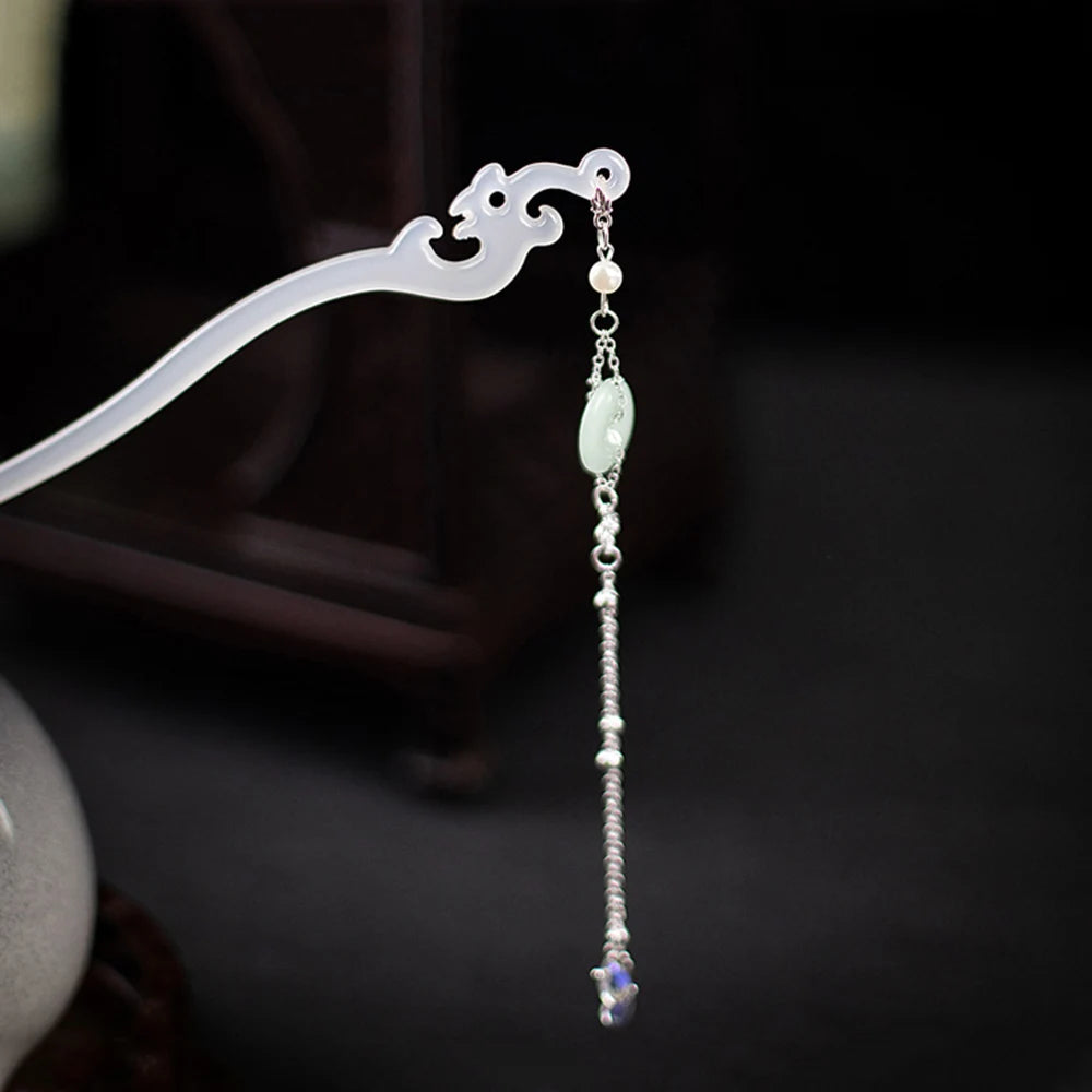 White/Green Acetic Acid Hair Sticks Forks Elegant Headwear Retro Chinese Style Hair Pin Chain Pendant Hair Jewelry for Women