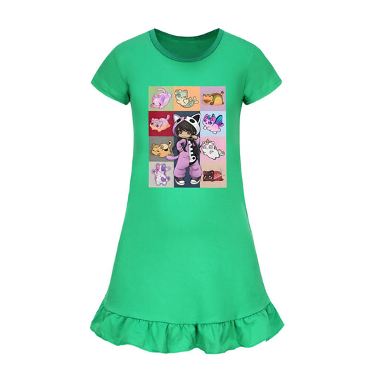 Kids Anime Aphmau Cat Summer Sleepdress Short Sleeve Baby Girls Casual Cartoon Nightgown Daily Wear Clothes for Children