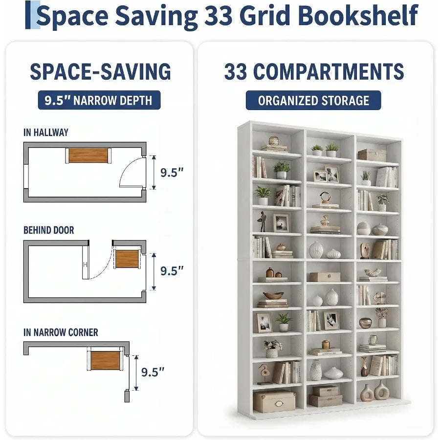 Tall Media Storage Cabinet Tower Bookcase for Living Room, MDF Wood, White, 7/9/11-Tier with 21/27/33 Compartments for Organize