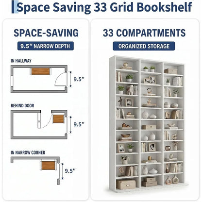 Tall Media Storage Cabinet Tower Bookcase for Living Room, MDF Wood, White, 7/9/11-Tier with 21/27/33 Compartments for Organize