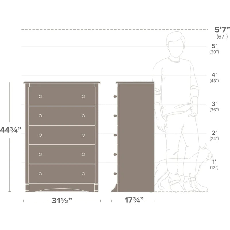 Superior 5-Drawer Chest for Bedroom - Spacious and Stylish Chest of Drawers, Measuring 17.75"D x 31.5"W x 44.75"H,