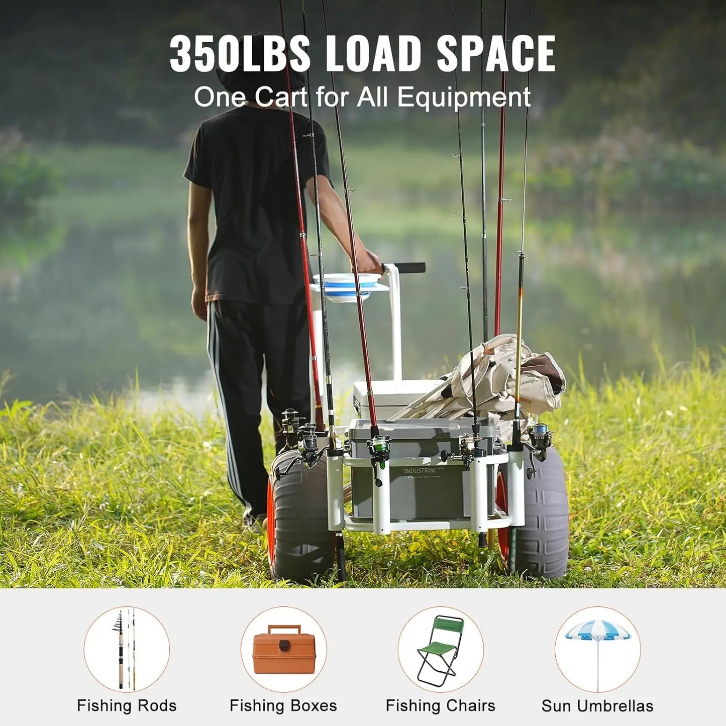 Beach Fishing Cart, 350 lbs Load Capacity, Fish and Marine Cart with Two 16" Big Wheels PU Balloon Tires for Sand