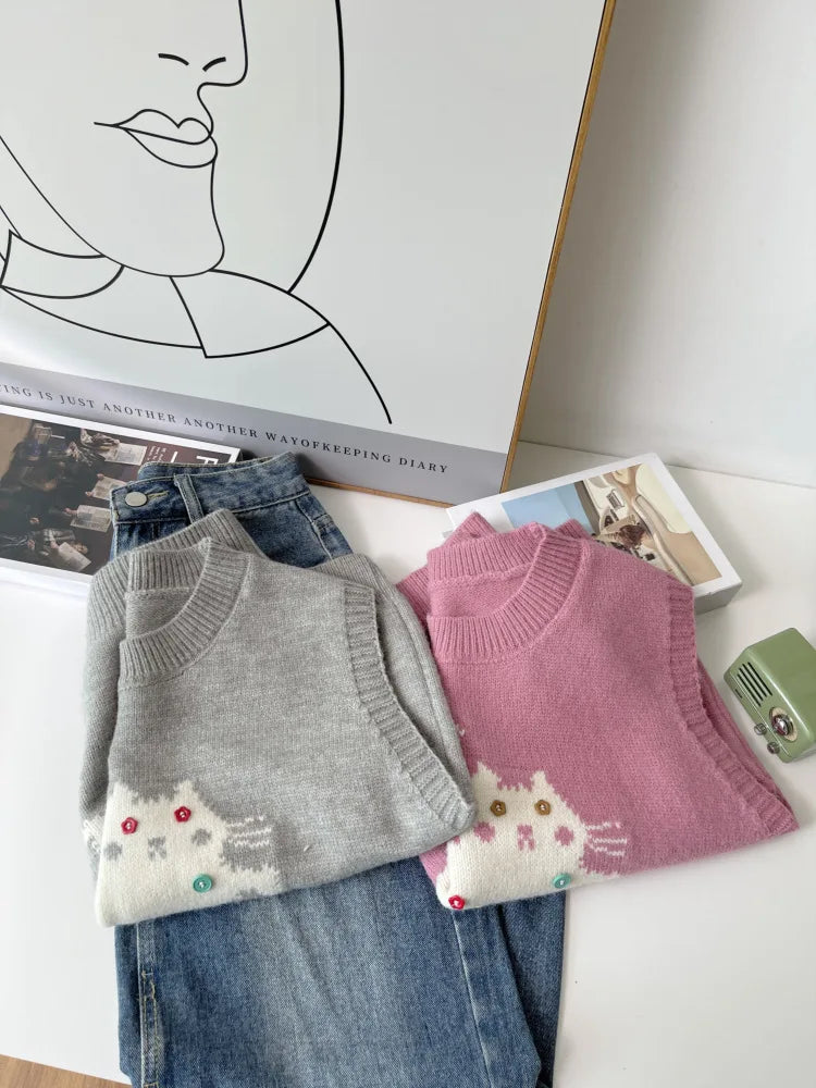 Korean Cute Cat Knitted Sweater Vest For Women 2025 New Colorful Buttons Round Neck Knitwear Loose Casual Versatile Pullovers