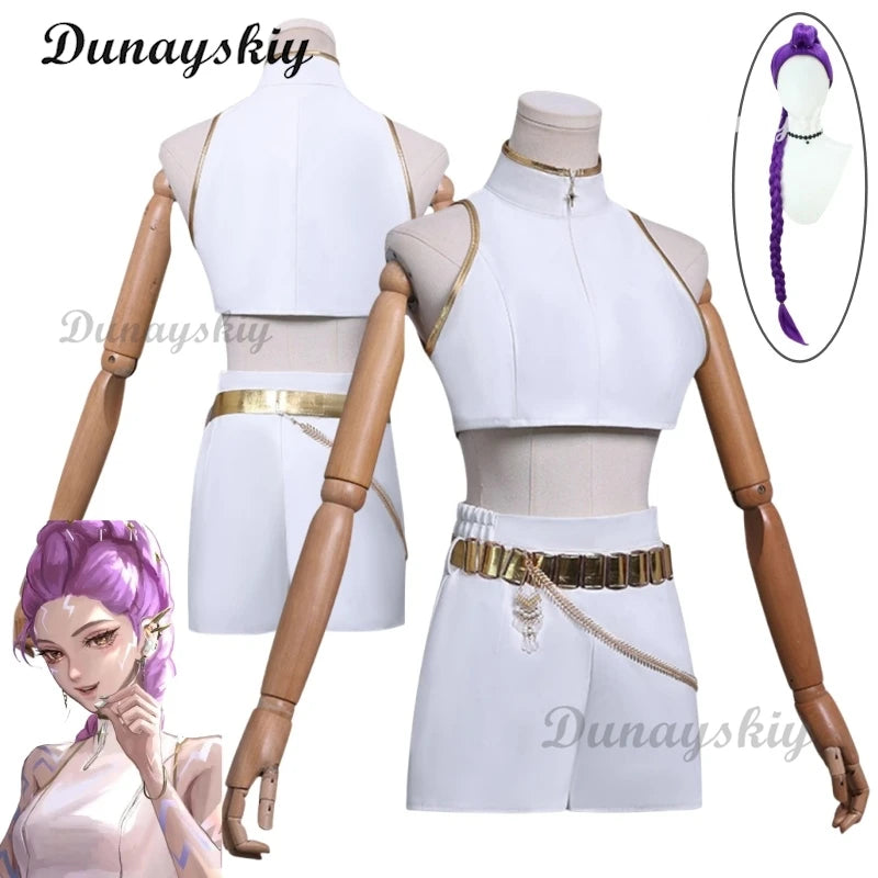 Rumi Cosplay KPop Demons Hunter White Costume Wig Women Girls Cartoon Fantasia Vest Shorts Chain Belt Outfits Halloween Carnival