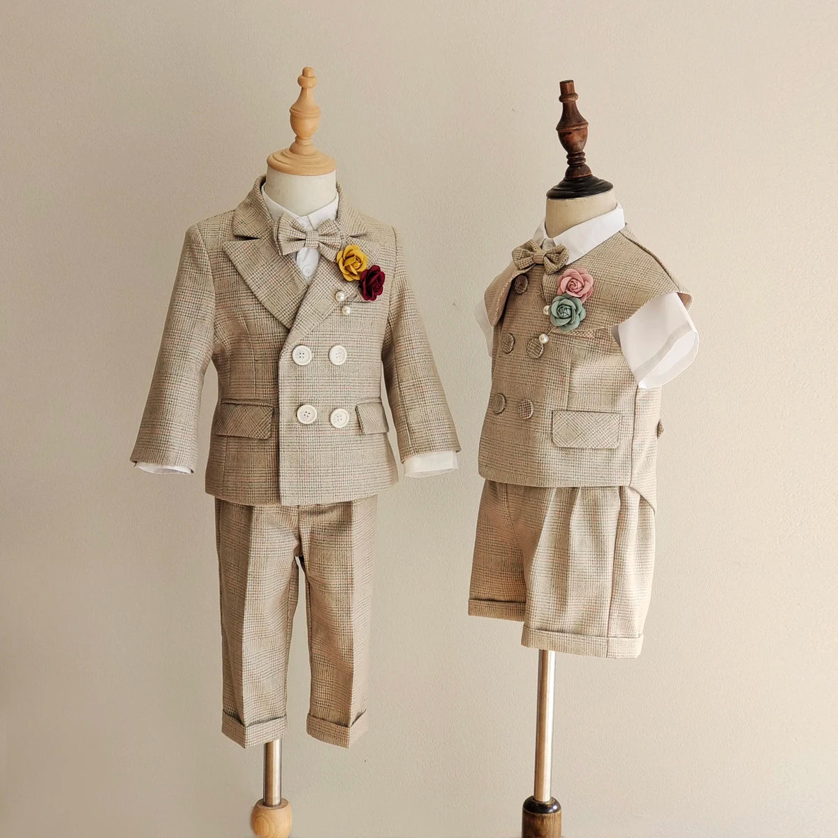 Boys Formal Plaid Suit khaki Baby Daptism Dress Set Child Wedding Birthday Party Photography Costume Kids Clothes High quality