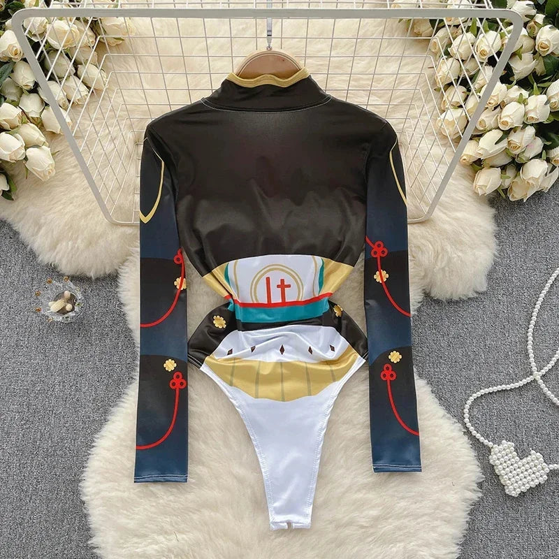 CosplayFermeture éclair mince à manches longues Bodycon érotique imprimé body femmes col montant Corset combishorts Lingerie bar