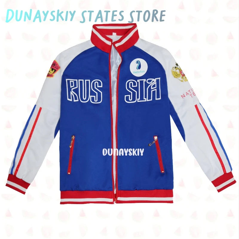 Anime Yuri Plisetsky Victor Nikiforov Cosplay Costume Red Blue Coat Jacket Pants Anime Unisex Halloween Sportswear for Women Men