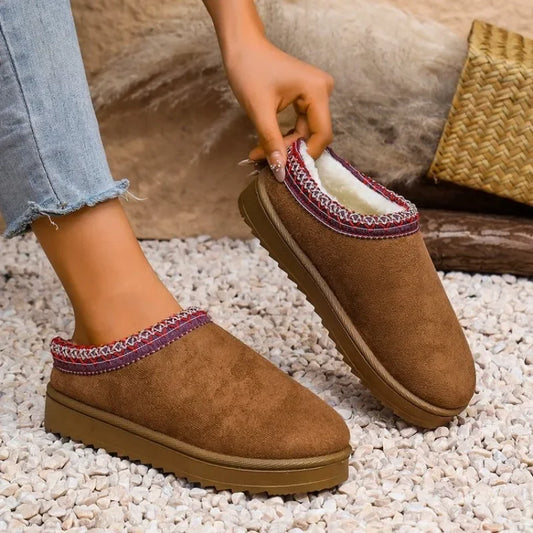 Women Warm Snow Boots Comfortable Cotton Shoes Close Toe Hair Half Slippers Female Autumn Winter Slip on Platform Boots Woman