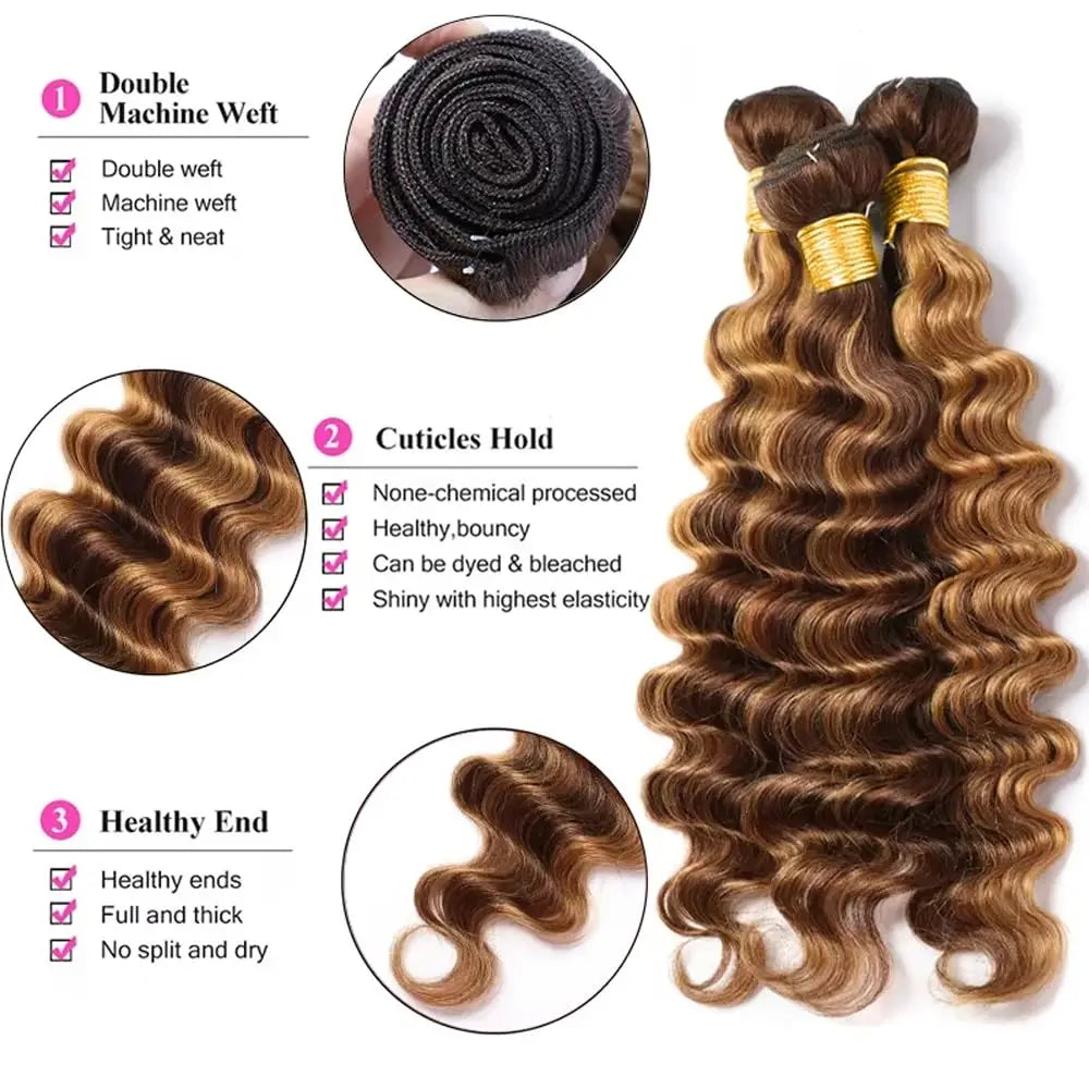 Piano Color P4/27 Highlight Curly Wave Bundles Chocolate Brown and Honey Blonde Track Mix Deep Weave Brazilian Human Hair Bundle