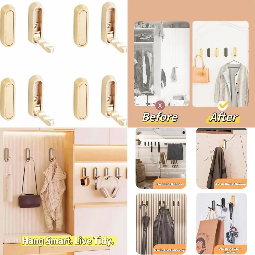 4 pack gold folding wall hooks - heavy duty 40lbs foldable coat hooks for bathroom, closet & entryway | decorative zinc alloy to
