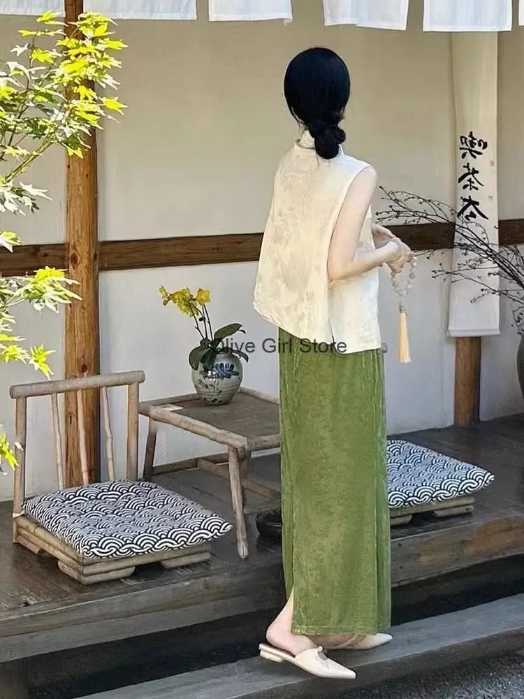 Women's Vest Skirt Set Light Luxury High End Green Half Skirt Two Piece Set New Chinese Traditional Clothing