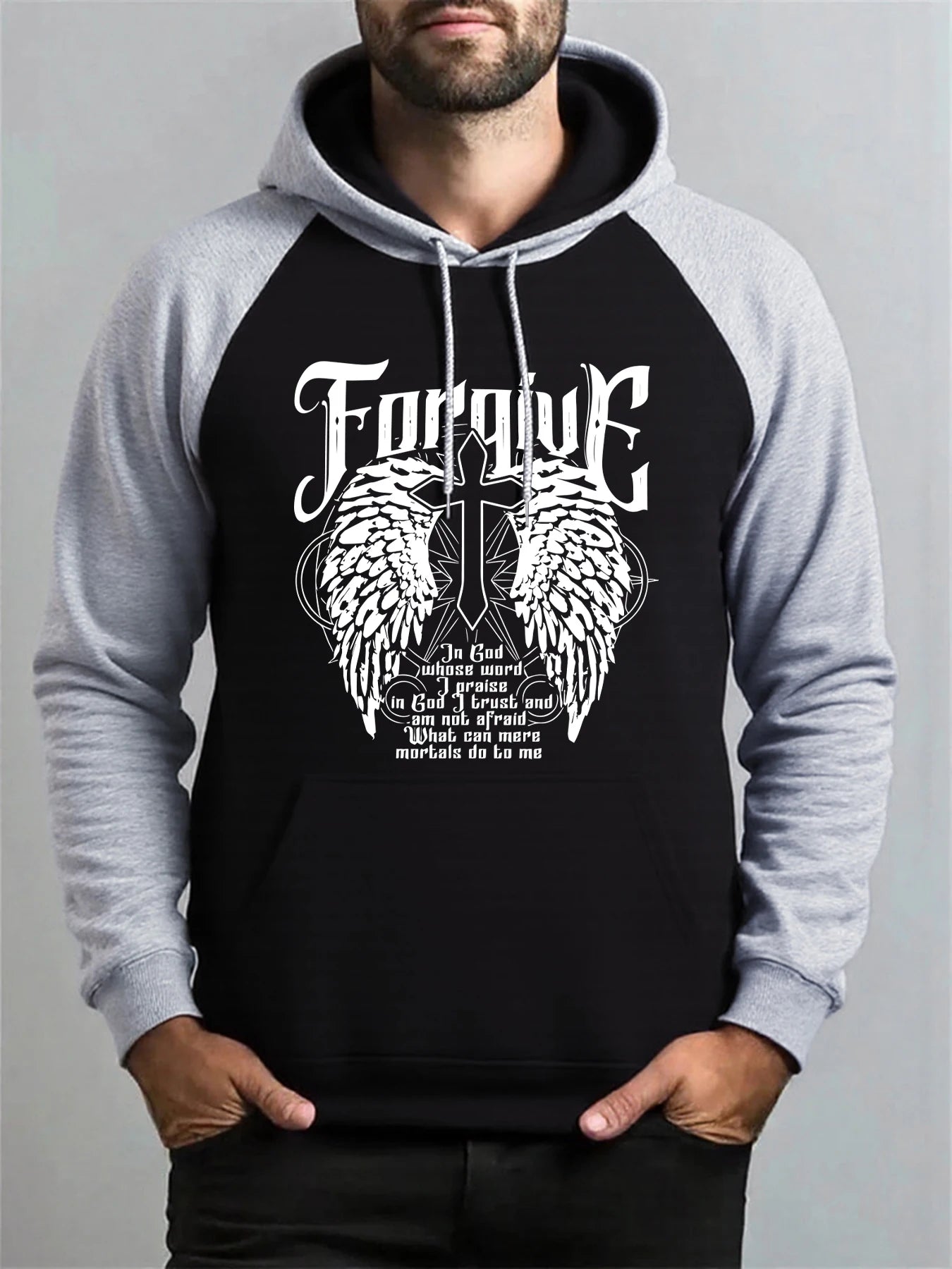 Forgive Wings Cross Printing Men Raglan Hoodie Y2K Pocket Streetwear Autumn Hoody Fleece Unisex Hoodies Fashion Casual Coat