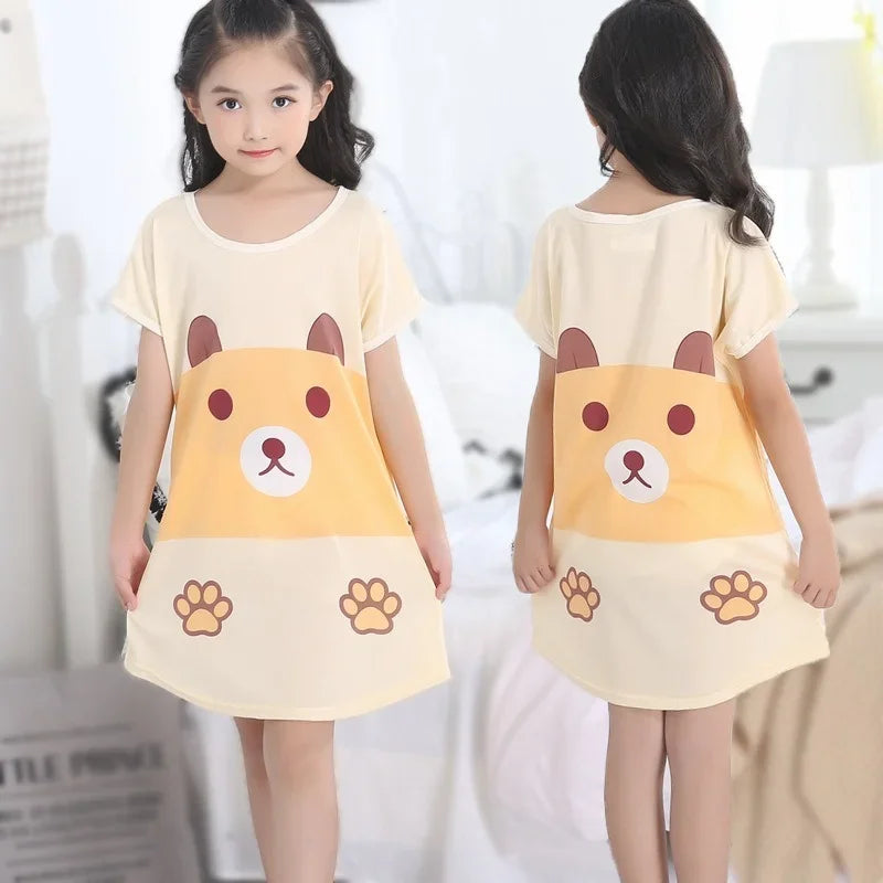 3-10Yrs Girls Dress Summer Kids Girls Cartoon Pajamas Teenager Night Dresses Baby Nightdress Children Clothes