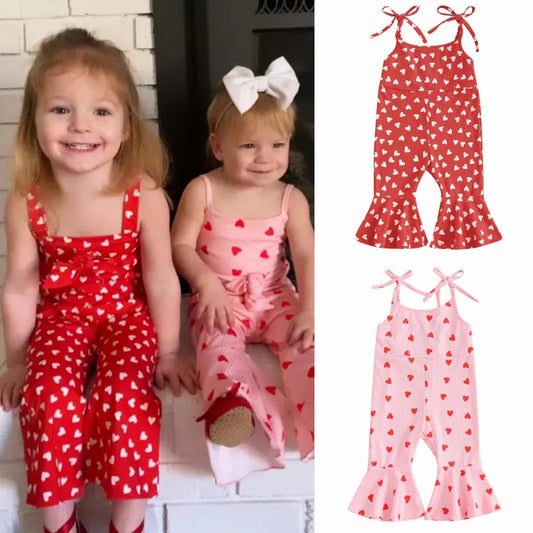 1-5Y Toddler Girls Valentine's Day Jumpsuit Heart Print Sleeveless Tie-Up Spaghetti Straps Bell-Bottoms Romper Overalls Clothes