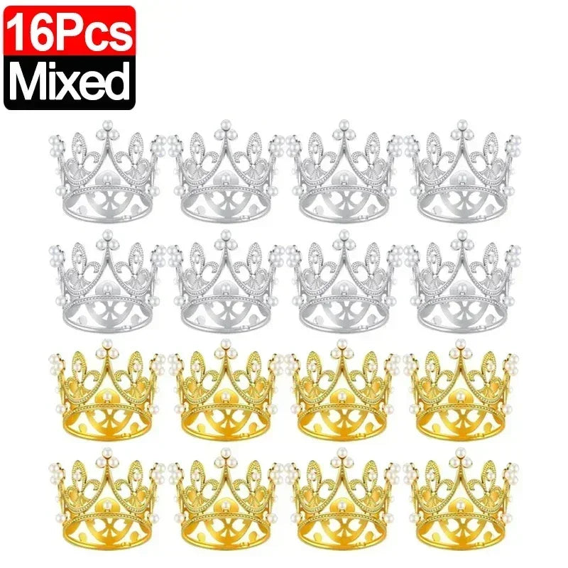 20/1Pcs Mini Crown Cake Decoration Pearl Tiara Gold Silver Crowns Cake Topper for Children Hair Ornaments Wedding Birthday Party