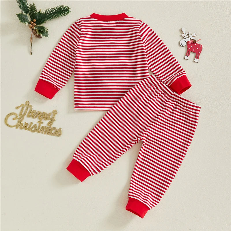Baby Girl Boy Christmas 2pcs Outfit Striped Santa Embroidered Sweatshirt  Pants Set Toddler Clothes