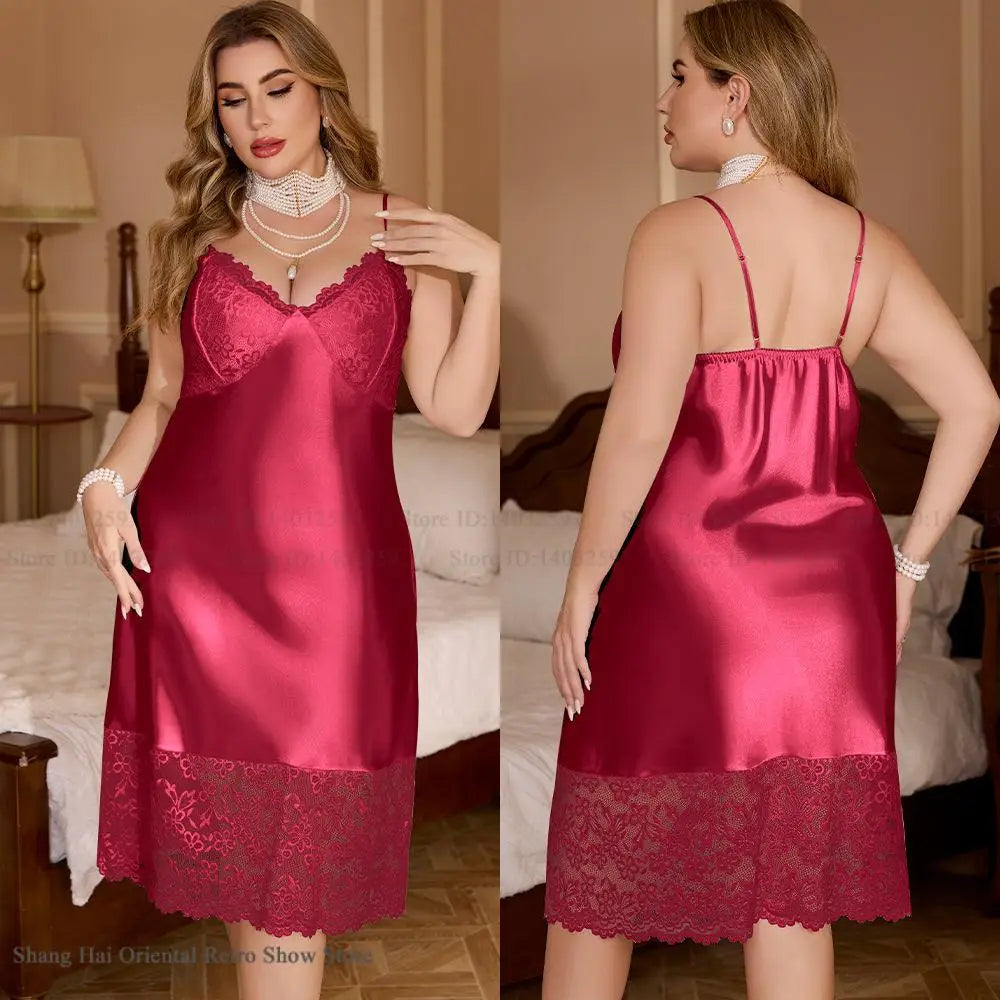 SEXY Patchwork Lace Chemise Nightgown with Bra Lingerie PLUS SIZE Mujer Women Nightdress Sleepwear Rayon Home Dress Loungewear